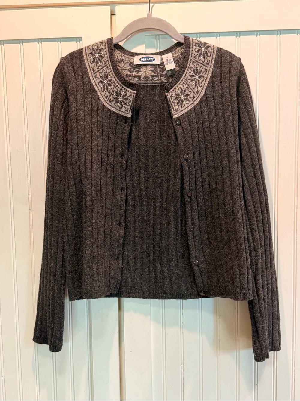 Dark Charcoal Ribbed Cardigan with Beaded Pattern - M